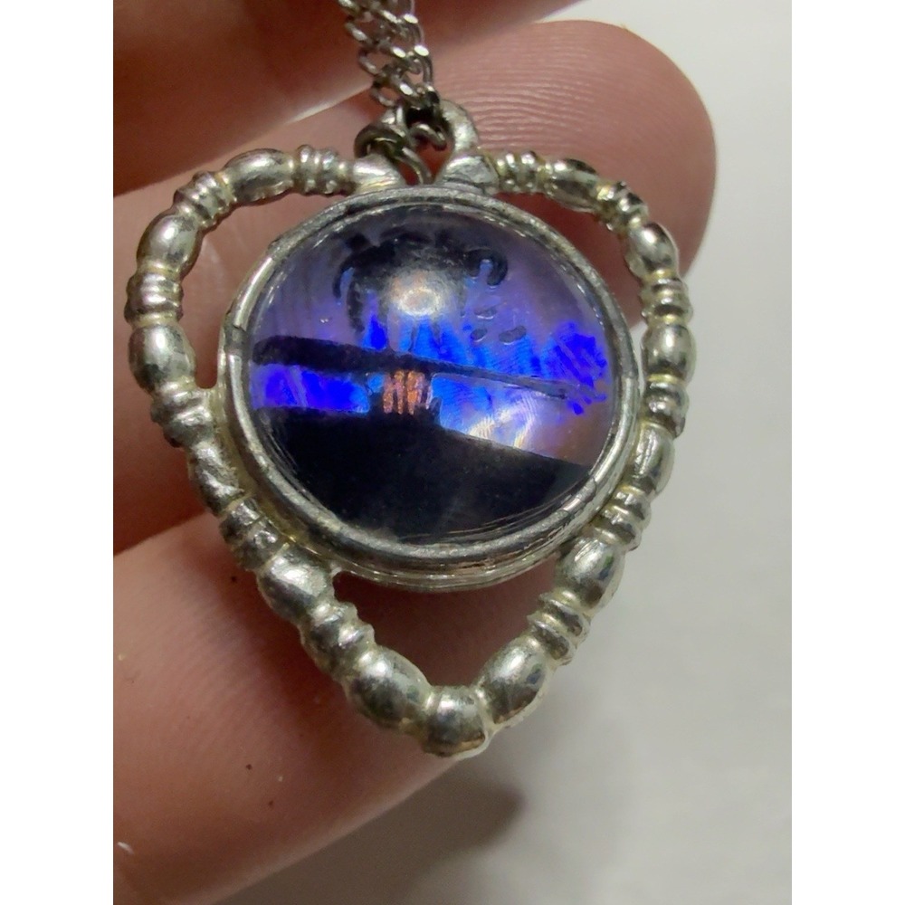 T20256-Iridescent Blue Purple Heart Pendant Necklace Silver Tone 24" Unique - Picture 3 of 7
